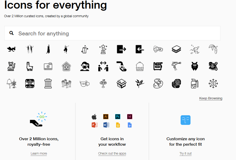 Разнообразные черно-белые иконки в сервисе Noun Project