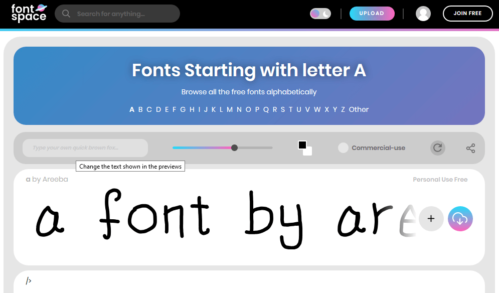 Поиск шрифтов с названием на букву A в FontSpace