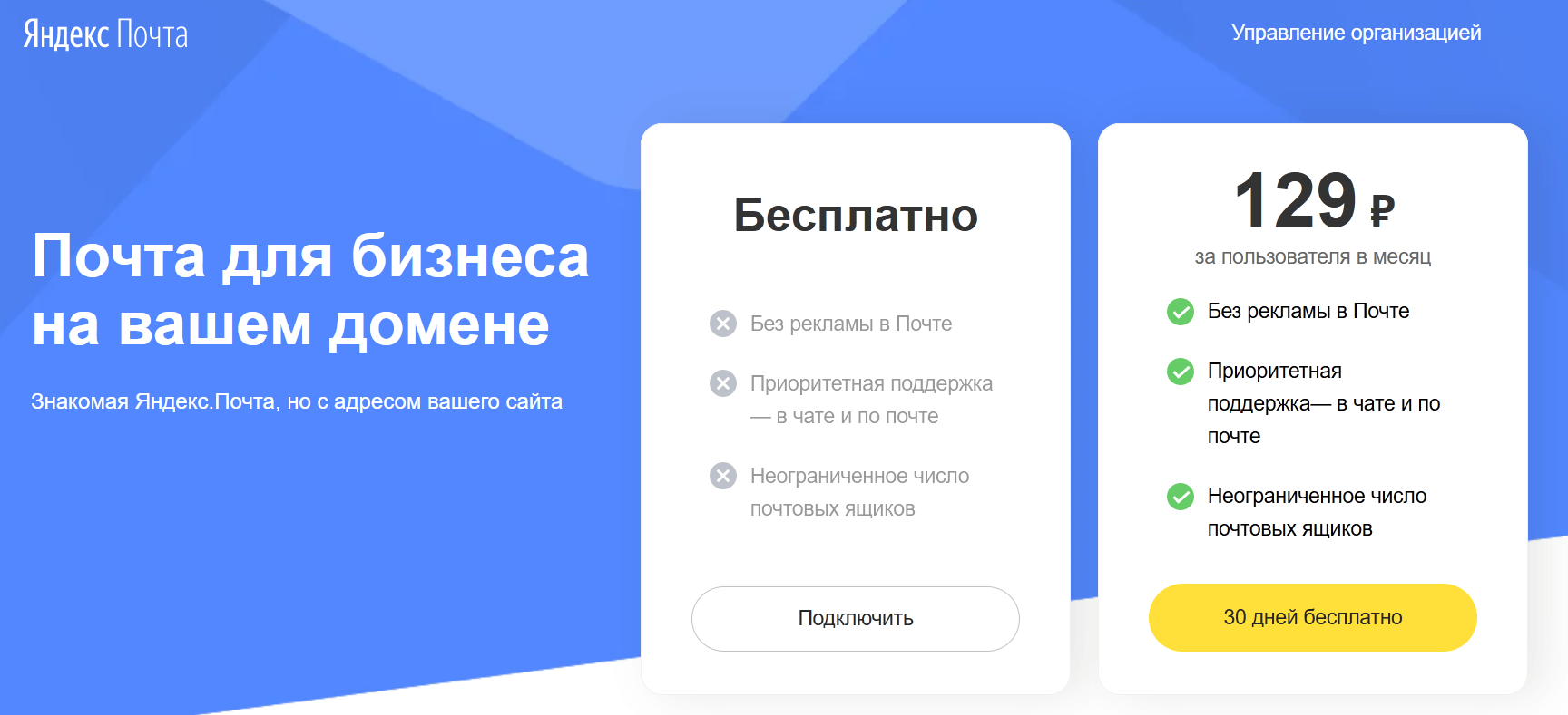 Страница «Яндекс.Почты» для создания ящика со своим доменом