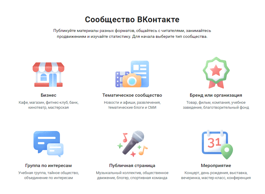 Виды групп, которые можно создать во «ВКонтакте»
