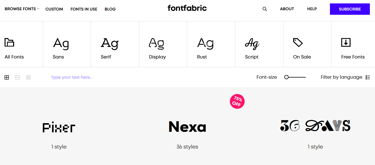 Удобная классификация шрифтов на сайте FontFabric